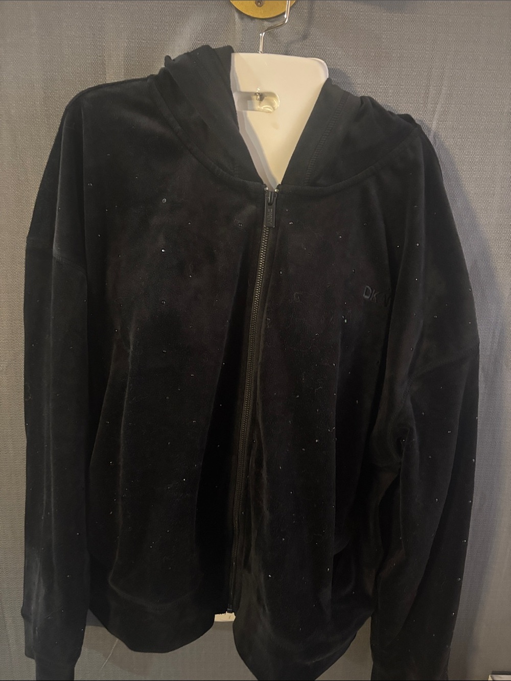 DKNY Black Velour Zip Front Hoodie Jacket with Subtle Sparkle